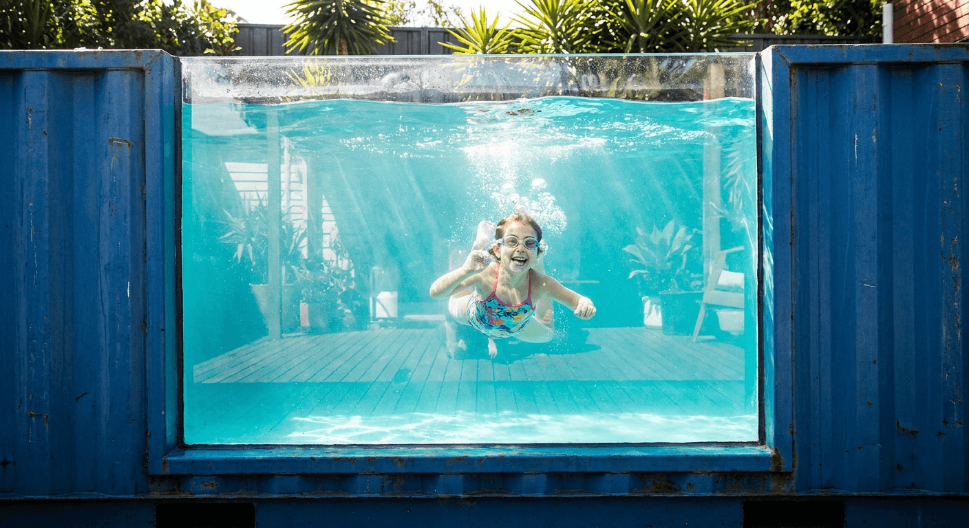 Vue à travers la fenêtre 4 par 8 de la piscine NOMAD